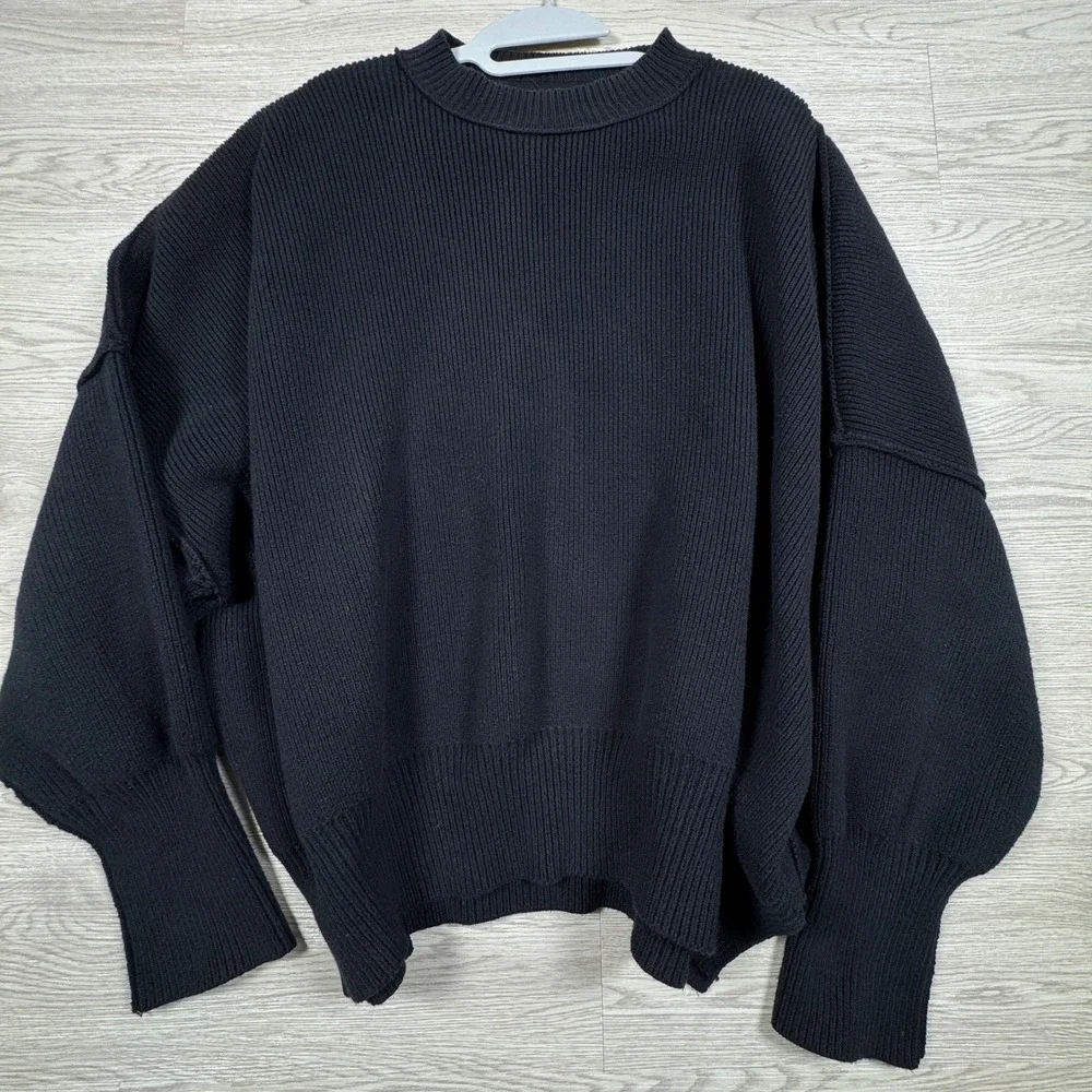Free People Womens Small Sweater‎ Ribbed Knit Oversized Pullover Black Crew Neck
